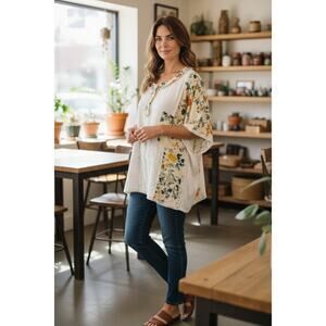 POL - Round Neck Short Sleeve Floral Knit Rib Top - Medium